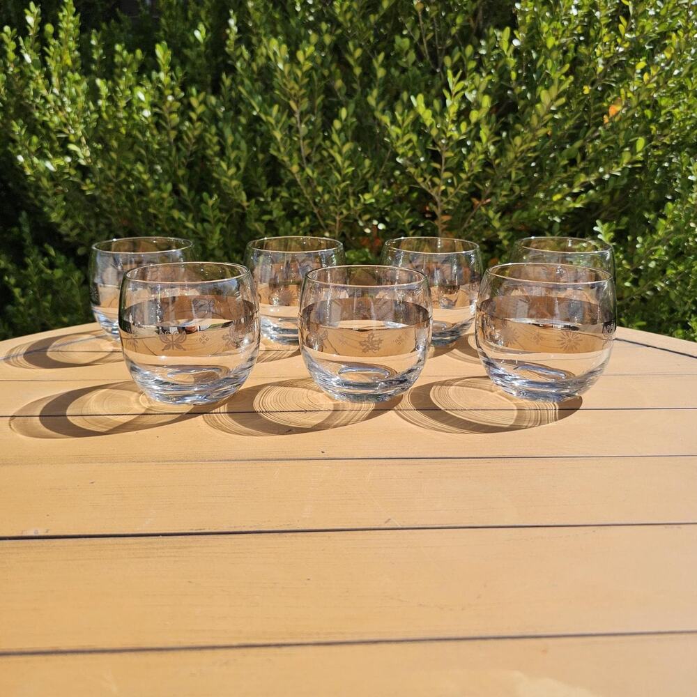 Mid Century Etched Silver Banded Four Seasons Set of 7 Roly Poly Tumblers